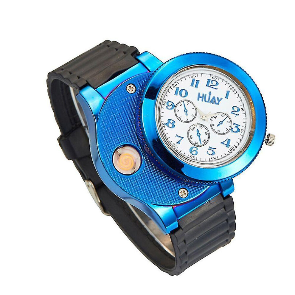 (blue) Usb Charging Lighter Watch Men Electronic Sports Quartz Wristwatches Windproof Flameless Smoke Cigarette Lighter Gifts Z