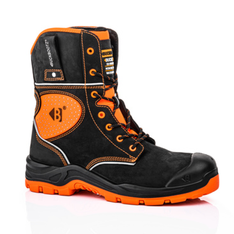 (Black/Orange, UK 10) Buckbootz BVIZ 6 Buckzviz High-Leg Lace Safety Boot