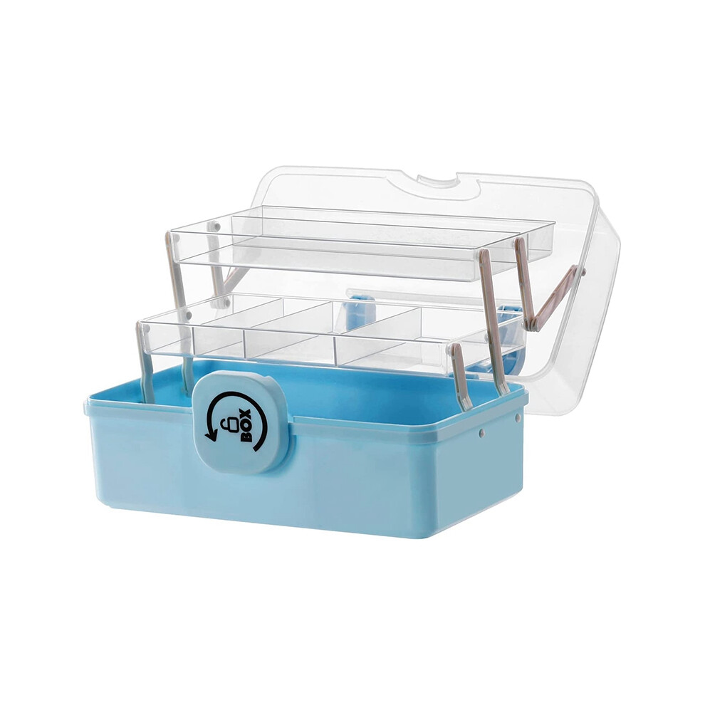 Plastic Storage Box with 3-Tier Fold Tray,Tool Organizer,Portable Lockable Container,29 x 16 x 15.7cm,Blue