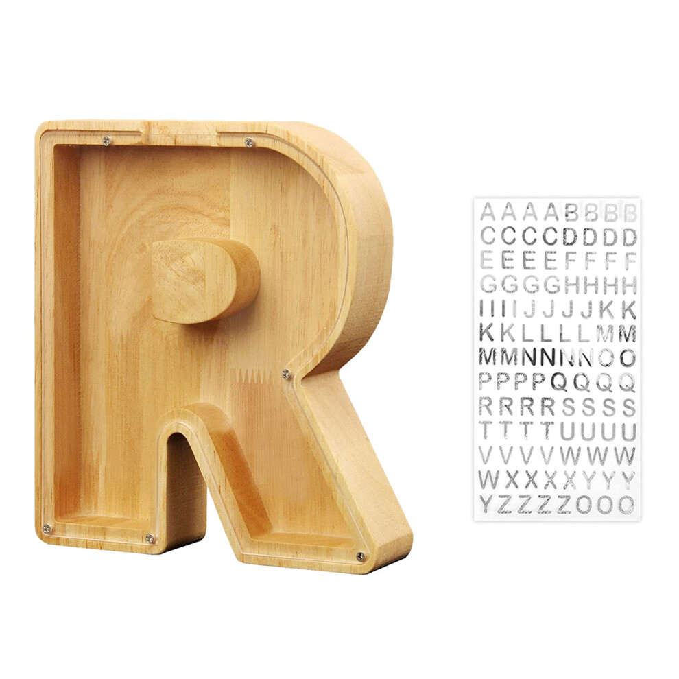 Wooden Personalized Piggy Bank Toy Alphabet for Kids Money Jar Coin Adults Saving Box Letter Decor (Alphabet-R)