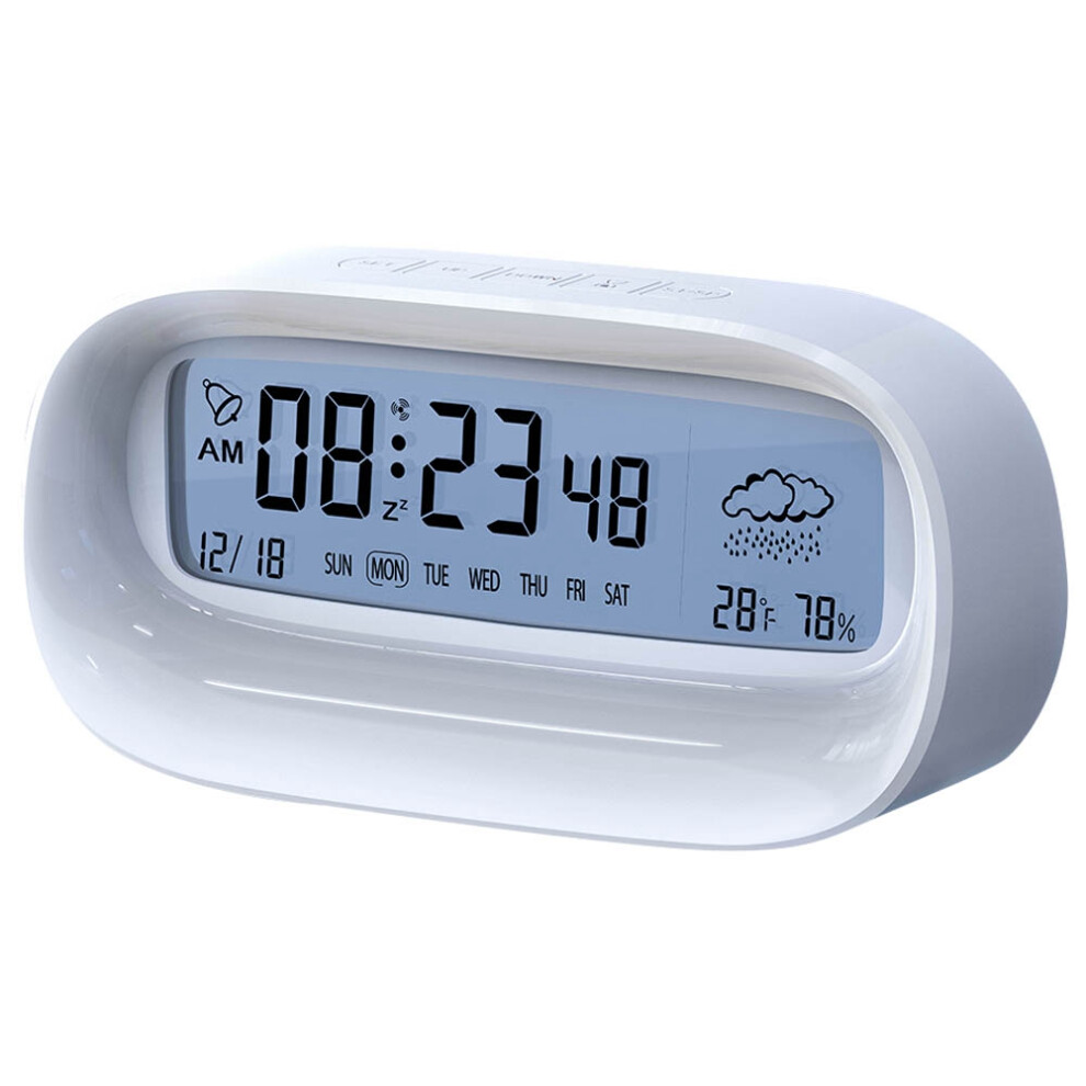 Digital Alarm Clock for Bedrooms,Battery Operated Desk Clock,with Countdown,Weather,Date,Temperature&Humidity White