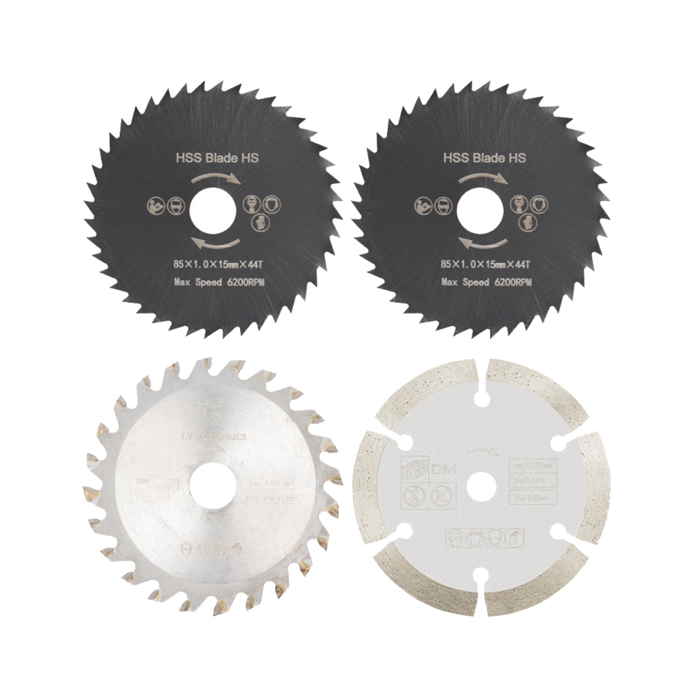 Mini Circular Saw Blade Set 4Pcs 85mm - 15mm/10mm Bore, HSS & Diamond Blades for Metal, Aluminum, Glass & Tiles