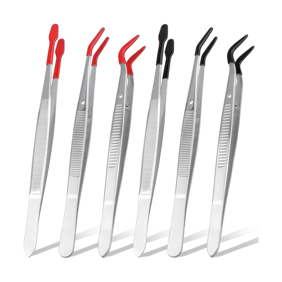 Jojomino 6Pieces Stainless Steel Tweezers With Rubber Tips,Pvc Coated Flat Tip Tweezers Bent & Small Elbow Tweezers Tool Set