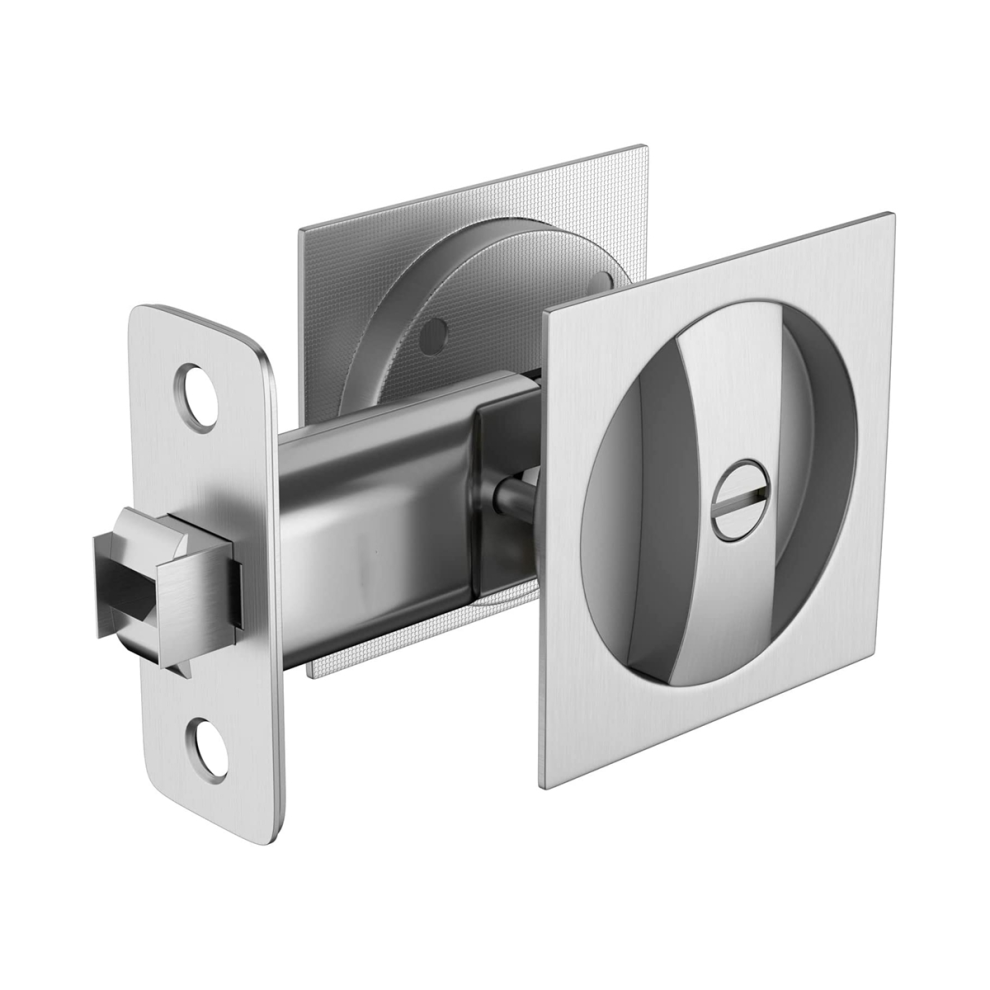 Bed/Bath Pocket Door Lock, Satin Nickel Contemporary Privacy Square Pocket Door Hardware, Sliding Pocket Door Latch 4863233628245