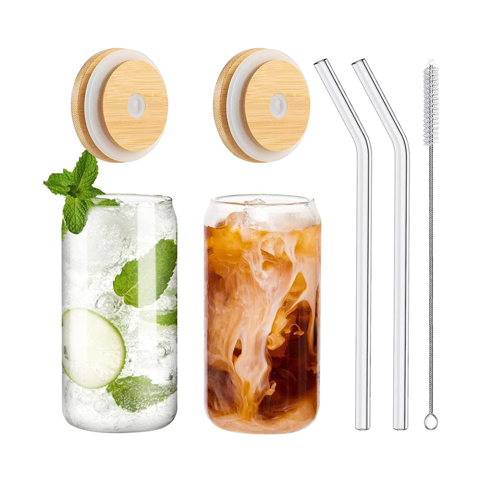 Drinking Glasses with Bamboo Lids and 2PCS Set, 16Oz Can Shaped Glass Cups with Lids and Straws,Beer Glasses