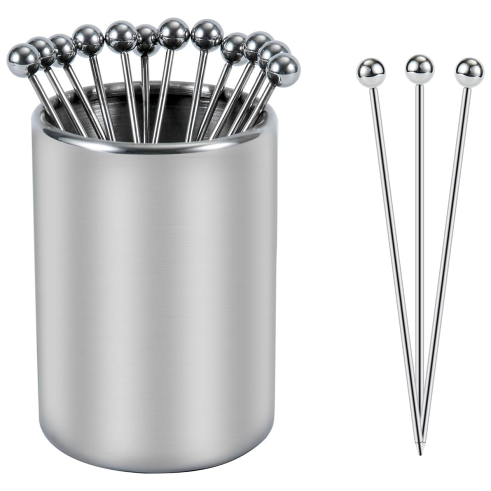 Metal Cocktail Picks Holder Set, 12 Cocktail Toothpicks Reusable Stainless Steel Decorative Toothpicks for Appetizers