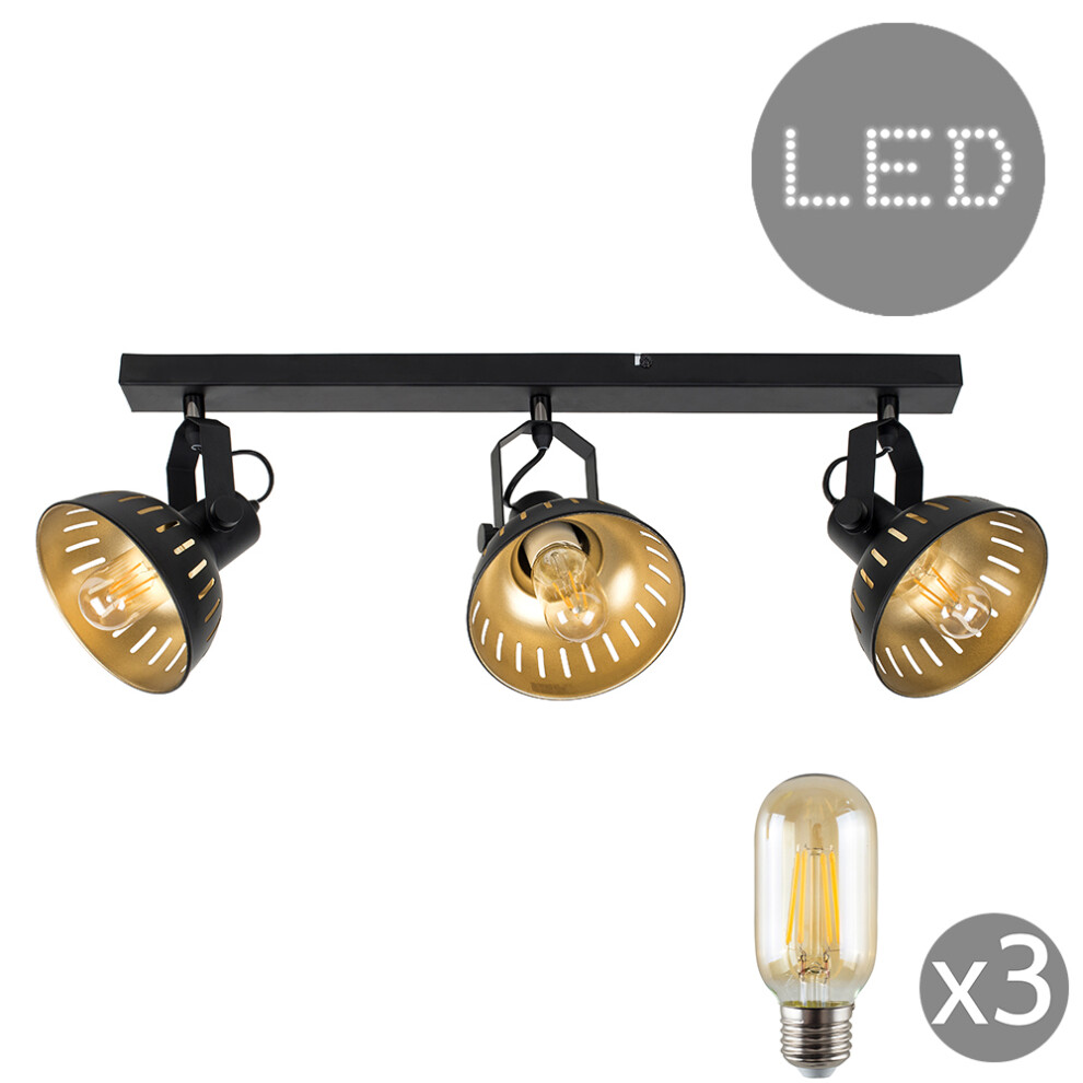 Smedley Industrial 3 Way Spot Light Black/Gold + 3x 4W E27 Bulb