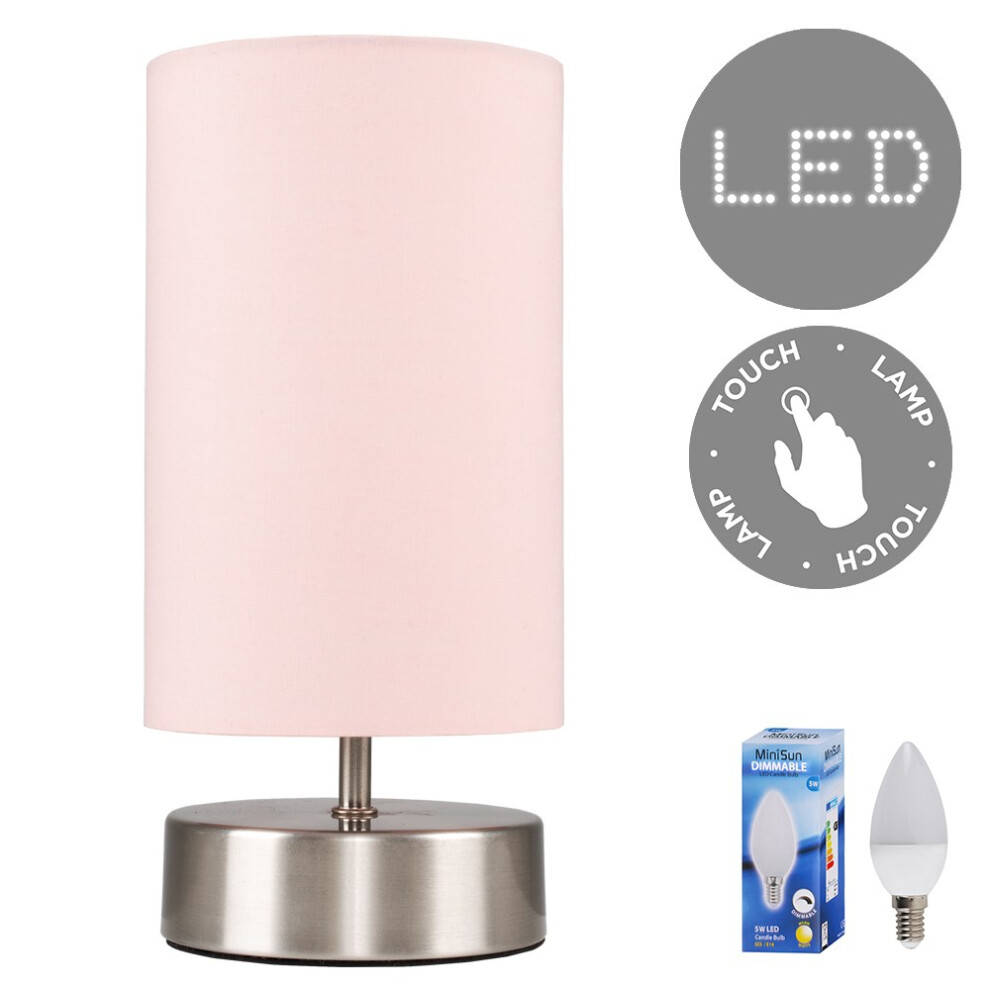 Francis Nickel Touch Table Lamp with D.Pink Shade + 1x 5W SES Bulb