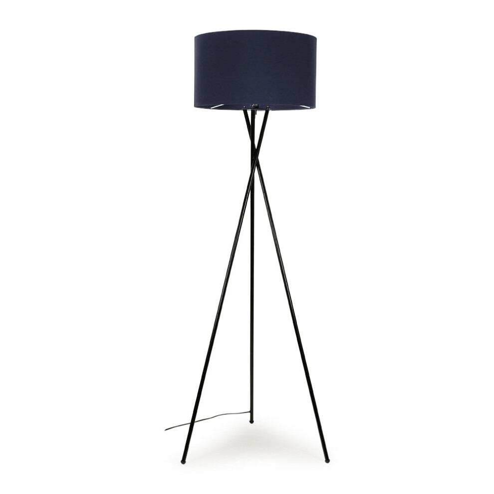 ValueLights Camden Black Floor Lamp with Large Navy Reni Shade and 6W ES/E27 Bulb