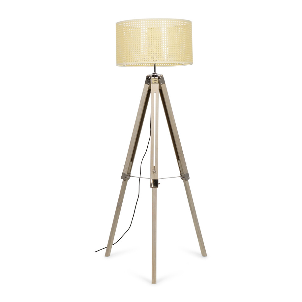 Clipper Light Wood/Chrome Tripod Floor Lamp + Reni XL Wicker Drum Shade + 6W ES LED GLS Bulb