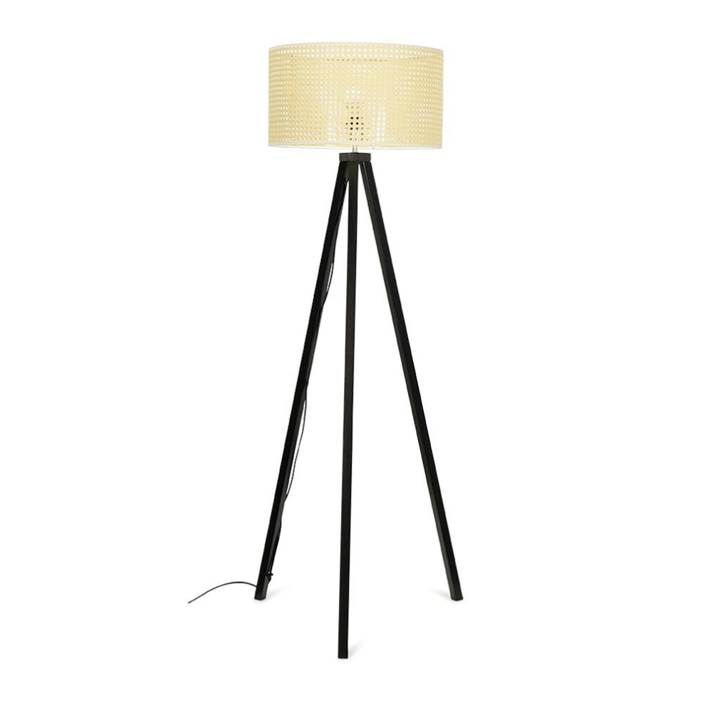 Barbro Black Wood Tripod Floor Lamp + Reni XL Wicker Pendant Drum Shade + 6W ES LED GLS Bulb