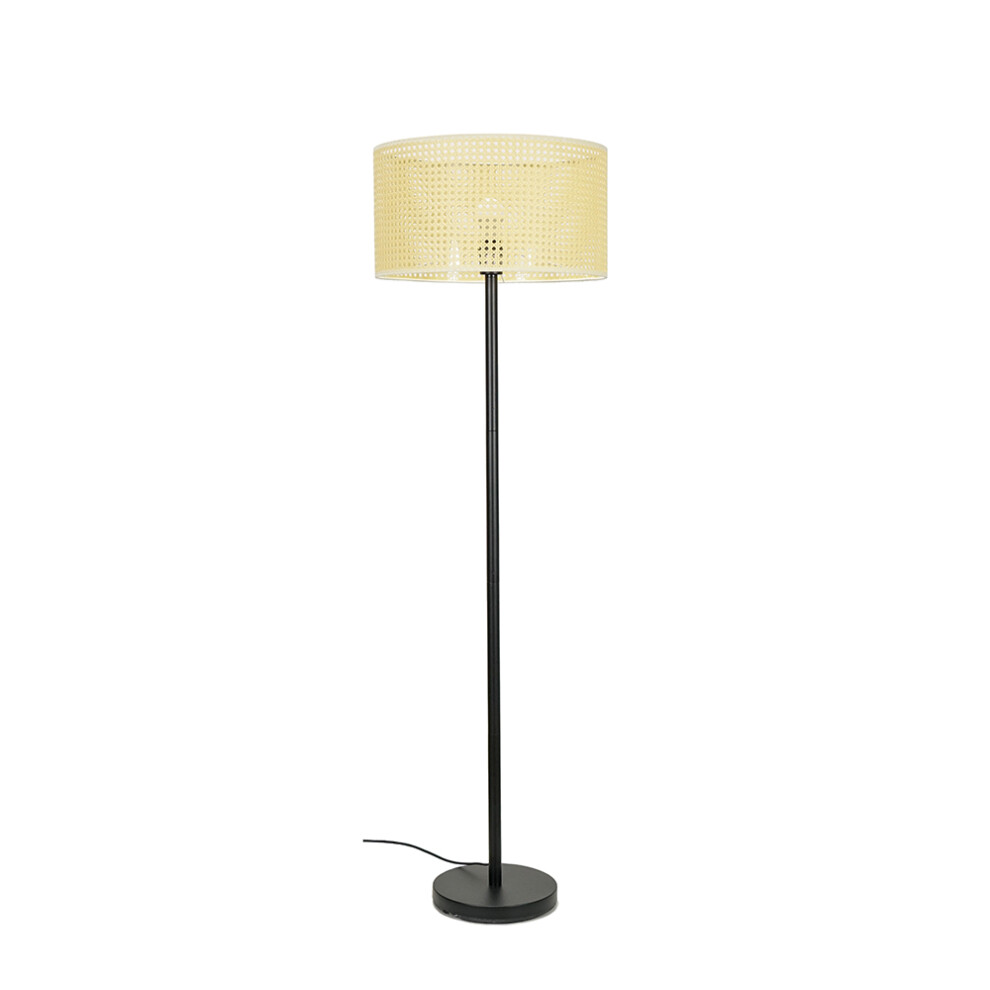 Charlie Black Painted Modern Stem Floor Lamp + Reni XL Wicker Drum Shade + 6W ES LED GLS Bulb