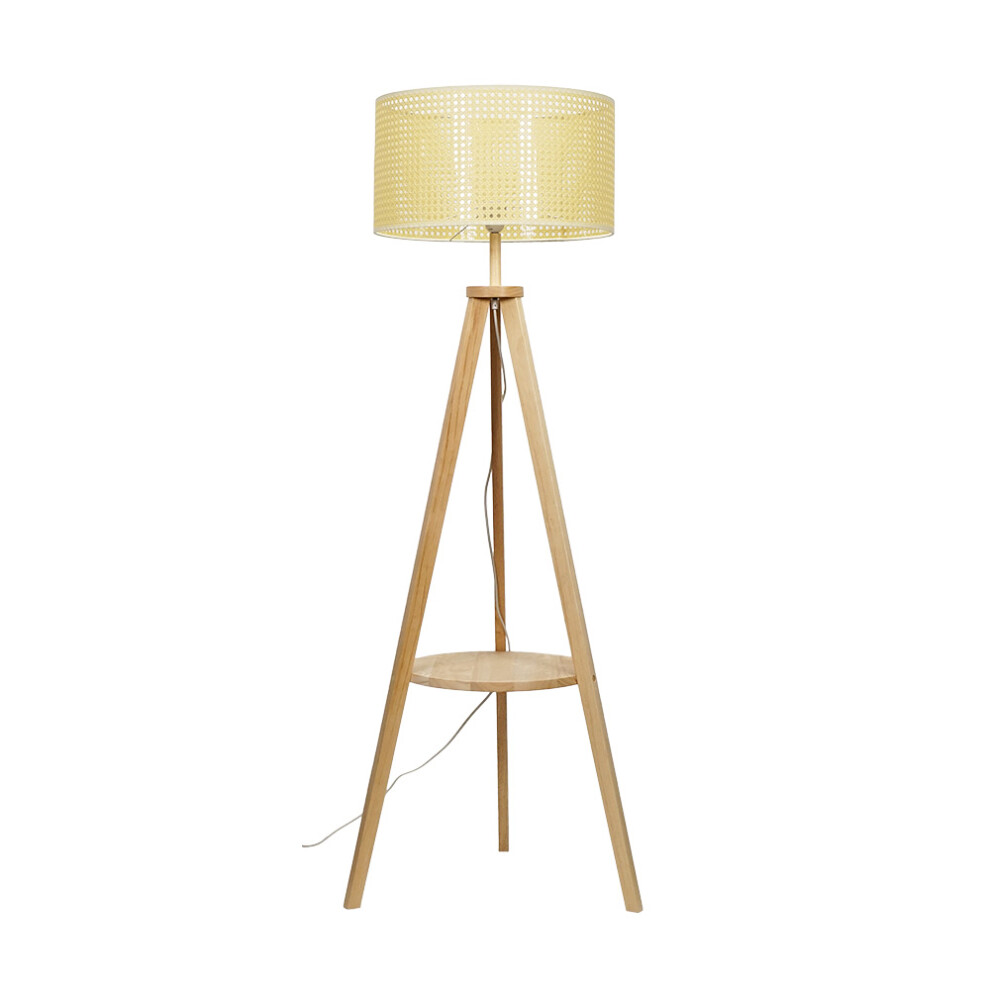 Morrigan Wood Tripod Floor Lamp with Shelf + Reni XL Wicker Drum Shade + 6W ES LED GLS Bulb