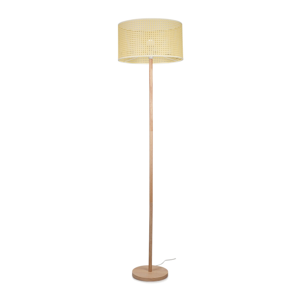 Heather Light Wood Wooden Stem Floor Lamp + Reni XL Wicker Pendant Drum Shade + 6W ES LED GLS Bulb