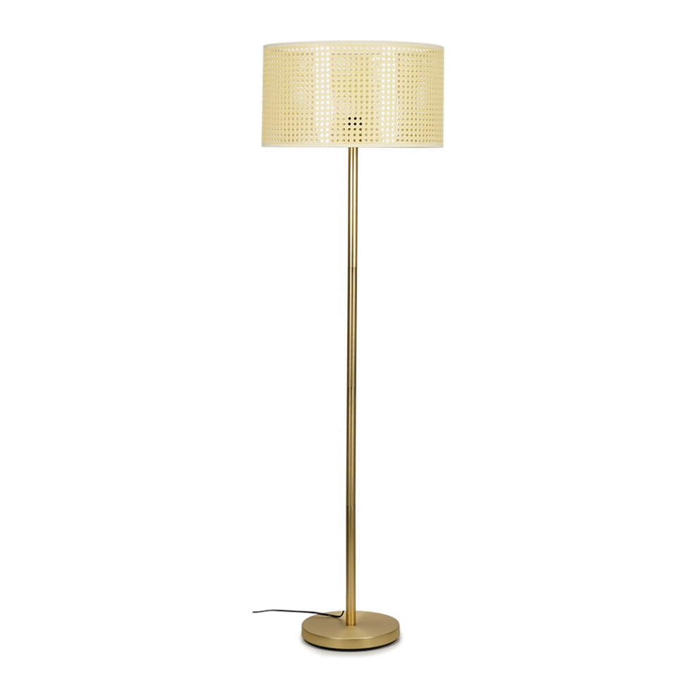 Charlie Gold Plated Modern Stem Floor Lamp + Reni XL Wicker Pendant Drum Shade + 6W ES LED GLS Bulb