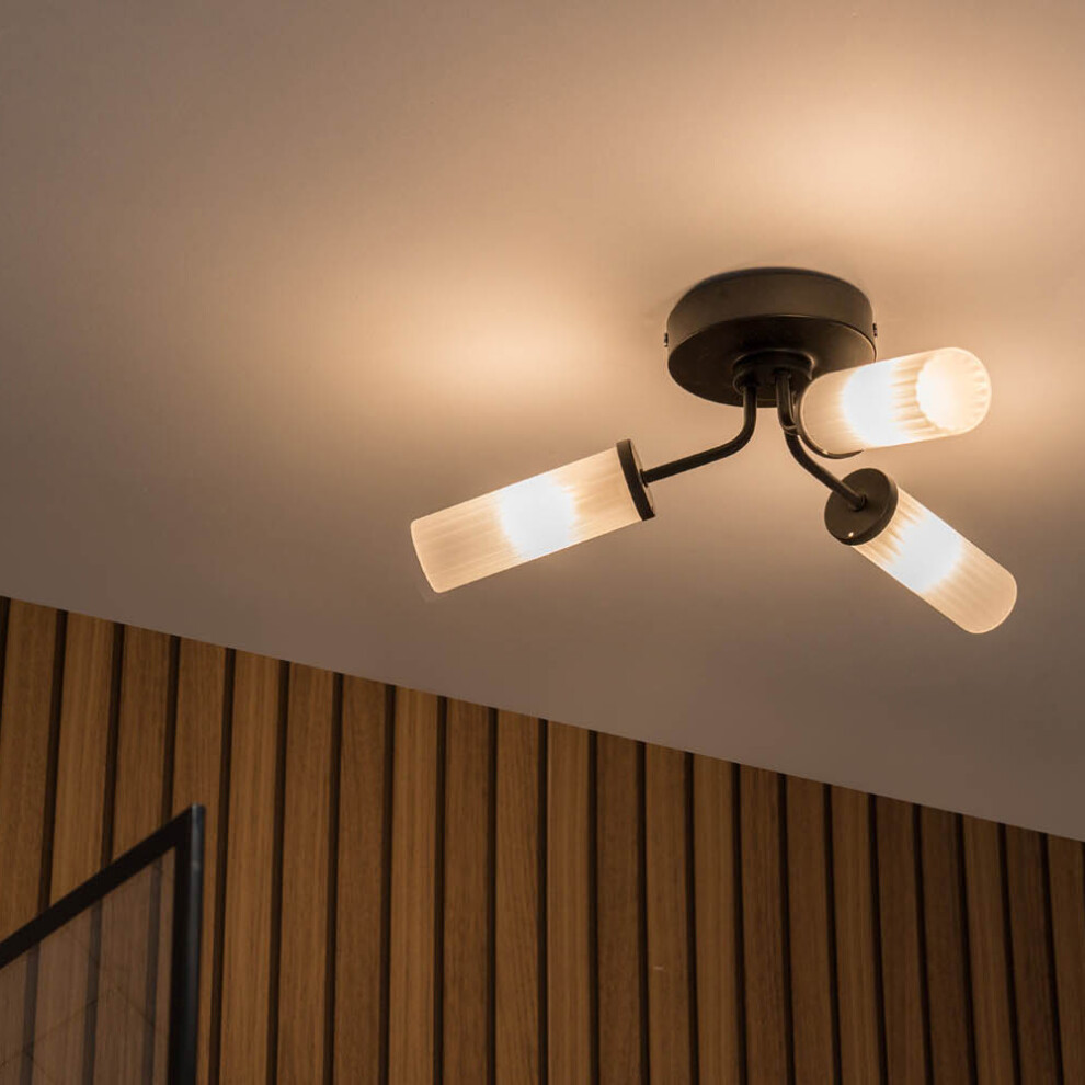 ValueLights Canya Black IP44 3 Way Reeded Glass Ceiling Light & Bulbs