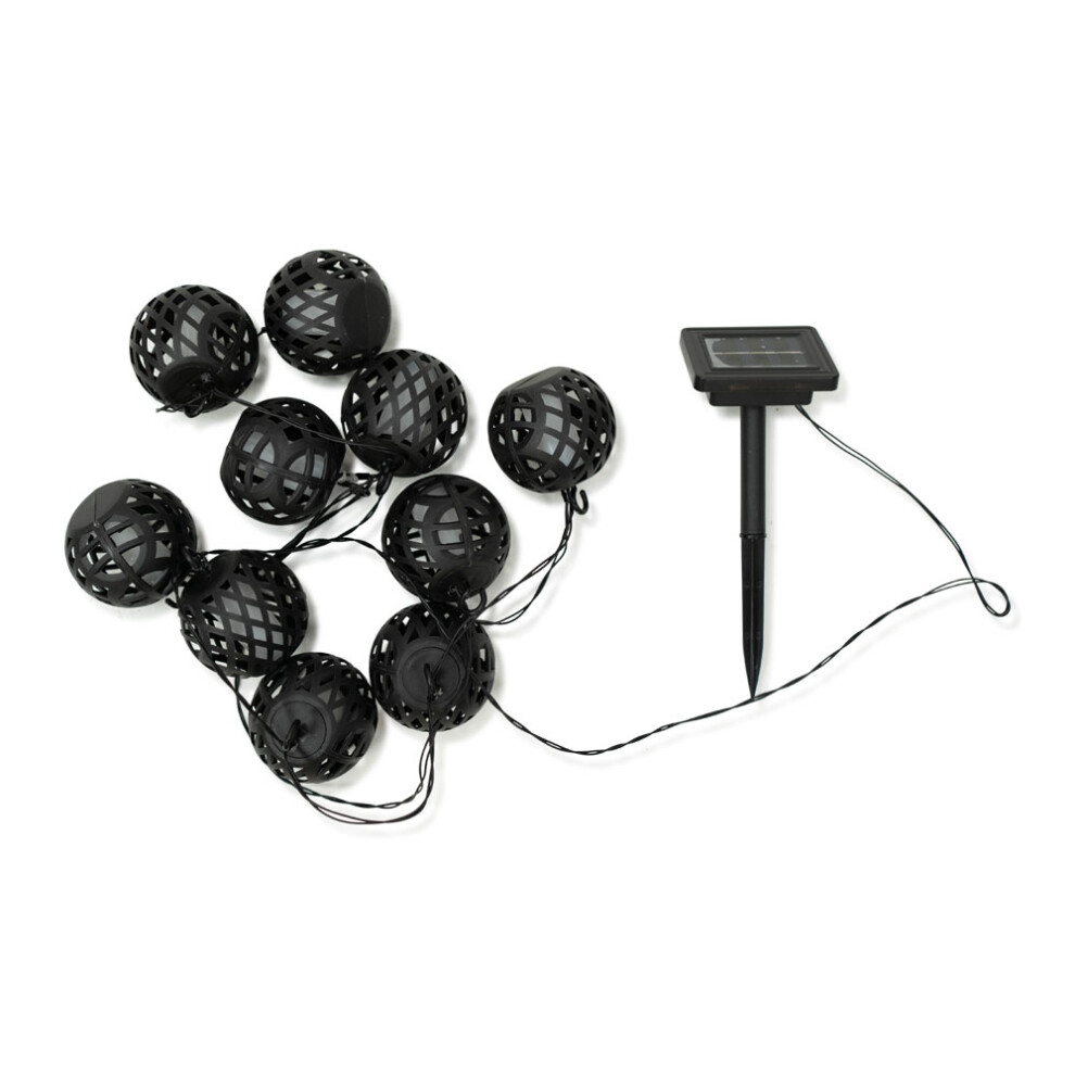 Set of 10 Outdoor Black Lantern Solar String Lights With Flame Effect