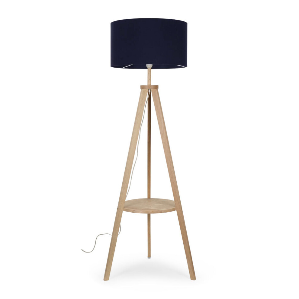 Morrigan Light Brown Tripod Floor Lamp With Large Navy Blue Velvet Shade