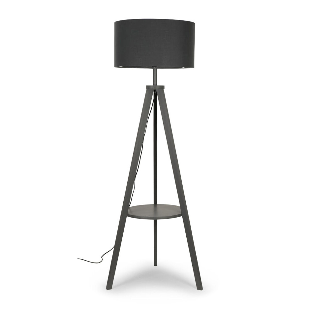 Morrigan Grey Tripod Wooden Floor Lamp With Charcoal Fabric Shade