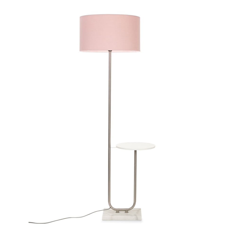 Tavel Brushed Chrome Marble Base Floor Lamp With Table And Large Blush Pink Shade