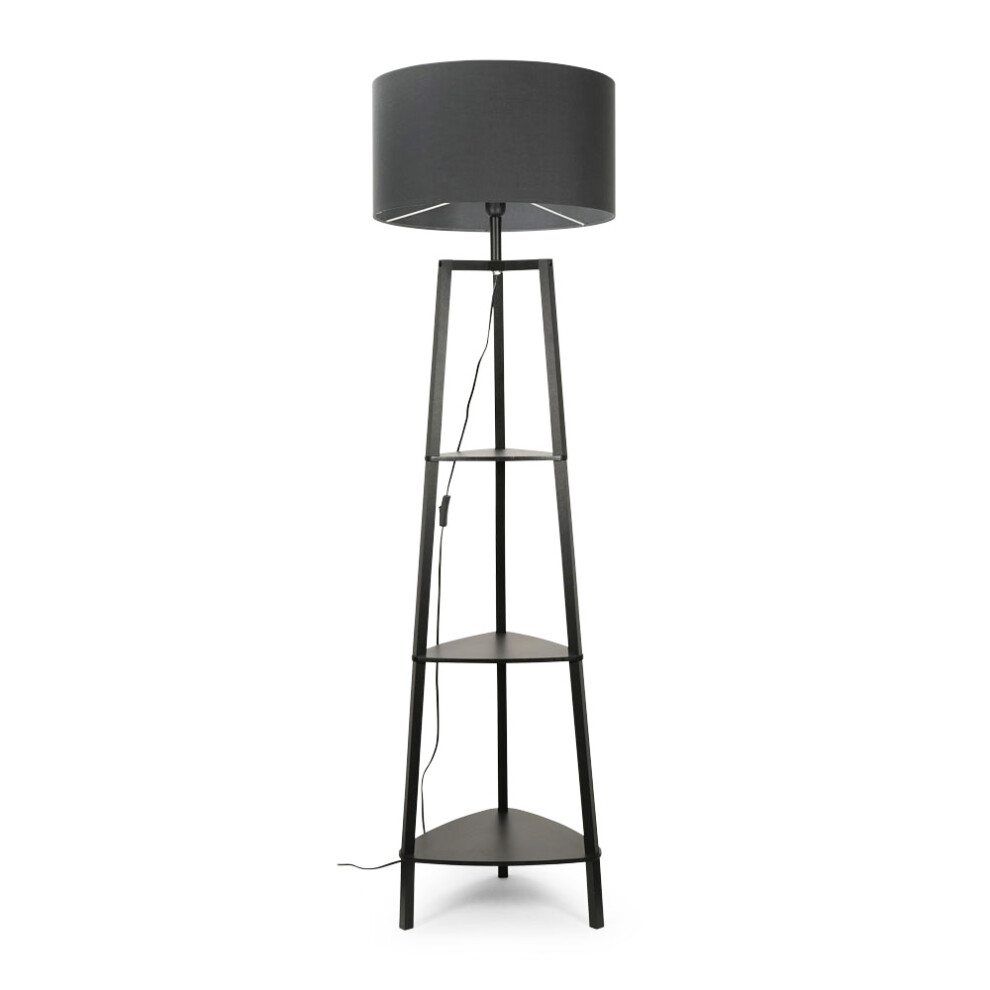 ValueLights Hiru Matt Black 3 Tier Shelf Floor Lamp with Large Charcoal Shade