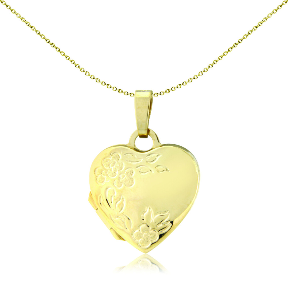 Jewelco London Ladies 9ct Yellow Gold Flower Pattern Love Heart Locket Pendant - 14mm - LKNR02202