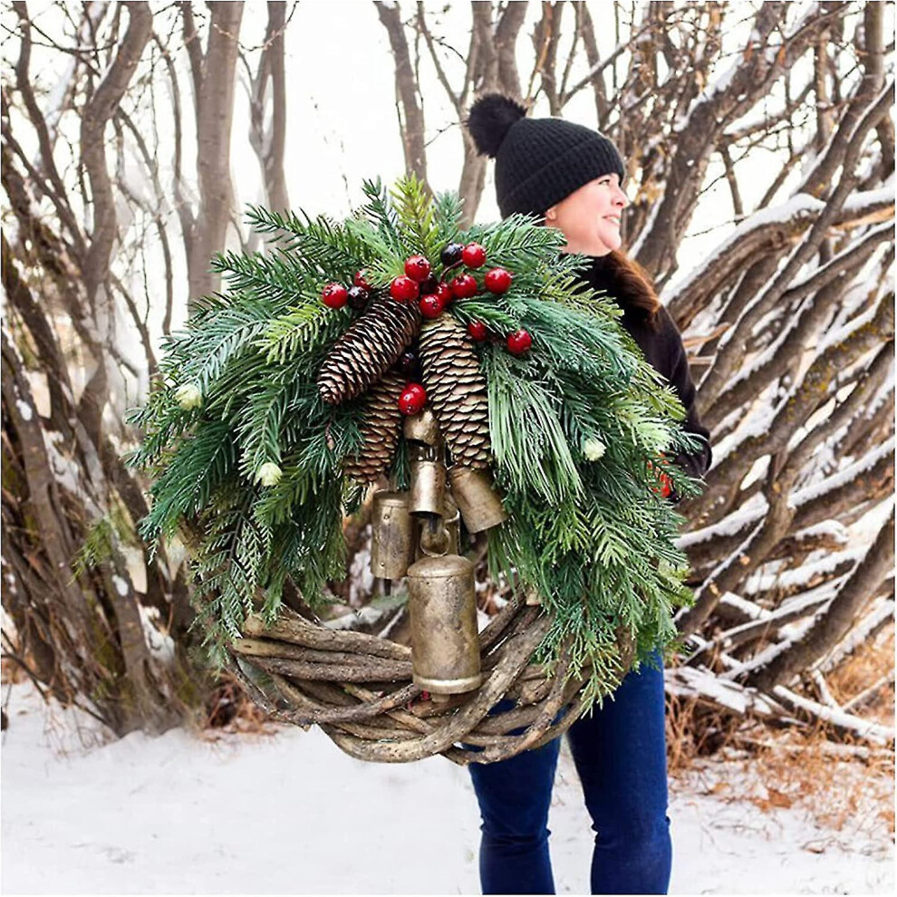 Farmhouse Christmas Wreaths For Front Door, 14 Inch Rattan Wreaths For Decorating Christmas, 2021 Golden Bells Hang Center Door Winter Wreath