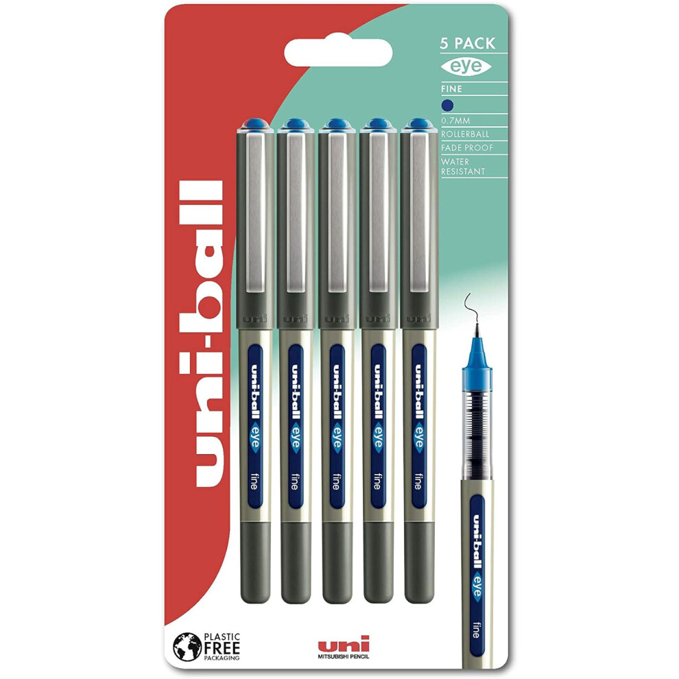 uni-ball UB157 Eye Rollerball Pens. Premium Fine 0.7mm Ballpoint Tip for Super Smooth Handwriting, Drawing, Art, Crafts and Colouring. Pack of 5 Blue