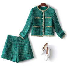 (Auburn, S) Women Elegant Vintage Tweed Fragrant Suit Jacke Coat Top And Skirt Two Piece Set Green Outfit Winter Jacquard Party Clothing
