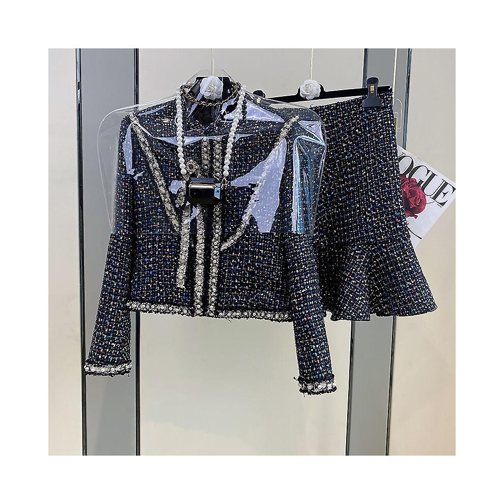 (Gold, M) Women Elegant Vintage Tweed Fragrant Suit Jacke Coat Top And Skirt Two Piece Set Green Outfit Winter Jacquard Party Clothing