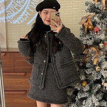 (Khaki, S) Women Elegant Vintage Tweed Fragrant Suit Jacke Coat Top And Skirt Two Piece Set Green Outfit Winter Jacquard Party Clothing