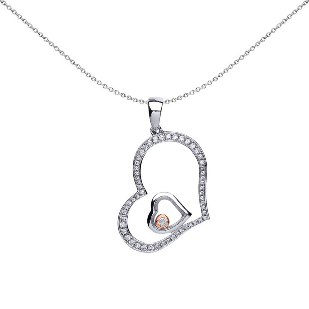 Jewelco London White and Rose Gold-Plated Sterling Silver Cubic Zirconia Floating Stone Heart Pendant Necklace 18 inch - GVP335