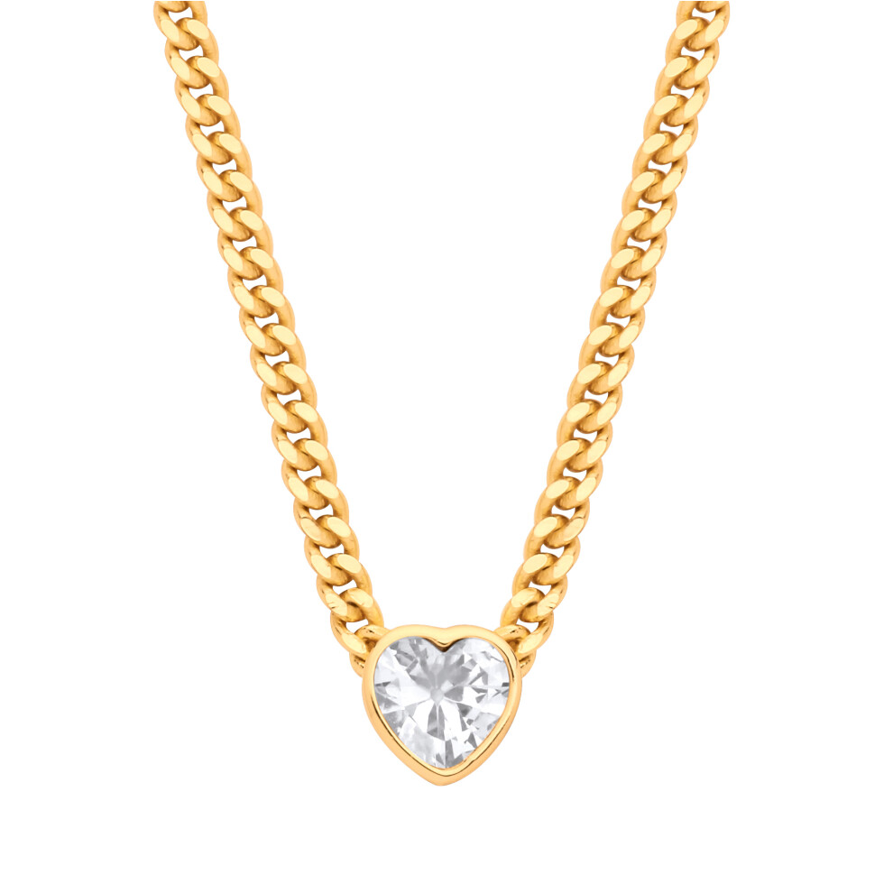 Jewelco London Ladies Gold-Plated Silver Heart CZ Solitaire Collarette Curb Chain Lavalier Necklace 3mm 16 + 1.5 inch - GVK498G