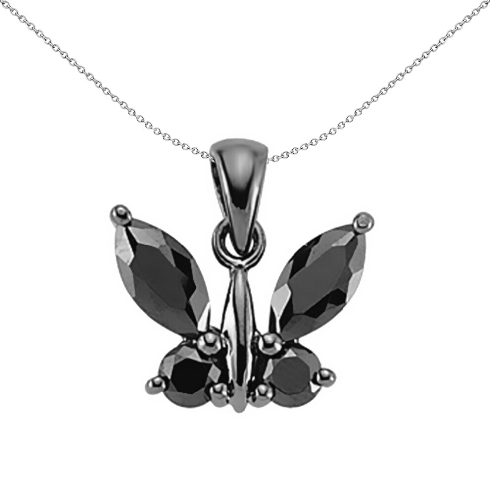 Jewelco London Ladies Sterling Silver Black Cubic Zirconia Butterfly Pendant Necklace 18 inch - GVP283BLK