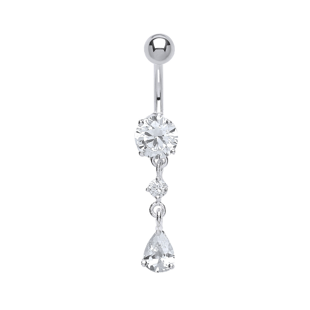 Jewelco London Sterling Silver Cubic Zirconia Tears of Joy with Stainless Steel Belly Bar & Ball - GBB42