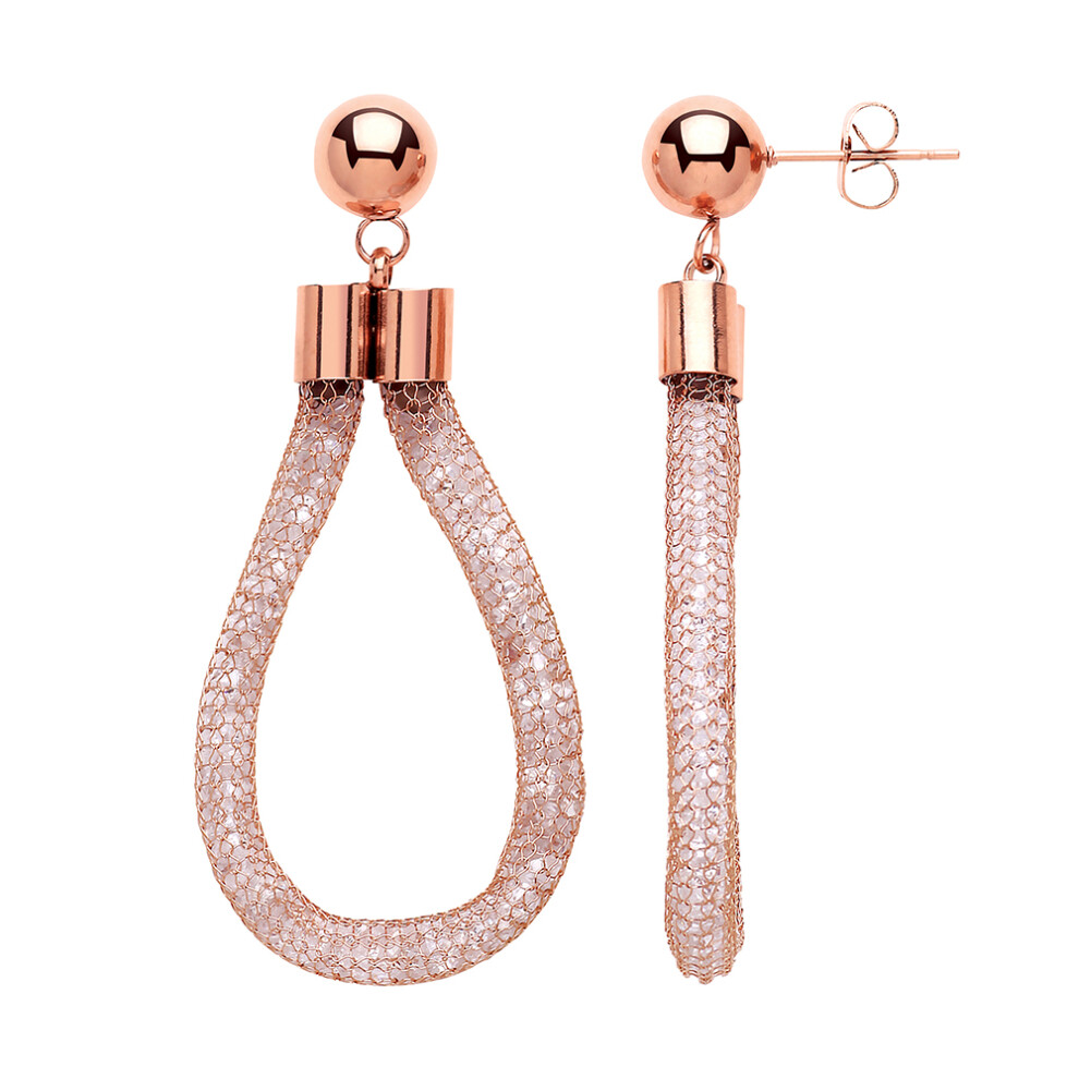 Jewelco London Ladies Rose Gold-Plated Stainless Steel White crystal Mesh Snake Loop Drop Earrings 4mm 55mm - 8mm Balls - GVE570ROSE