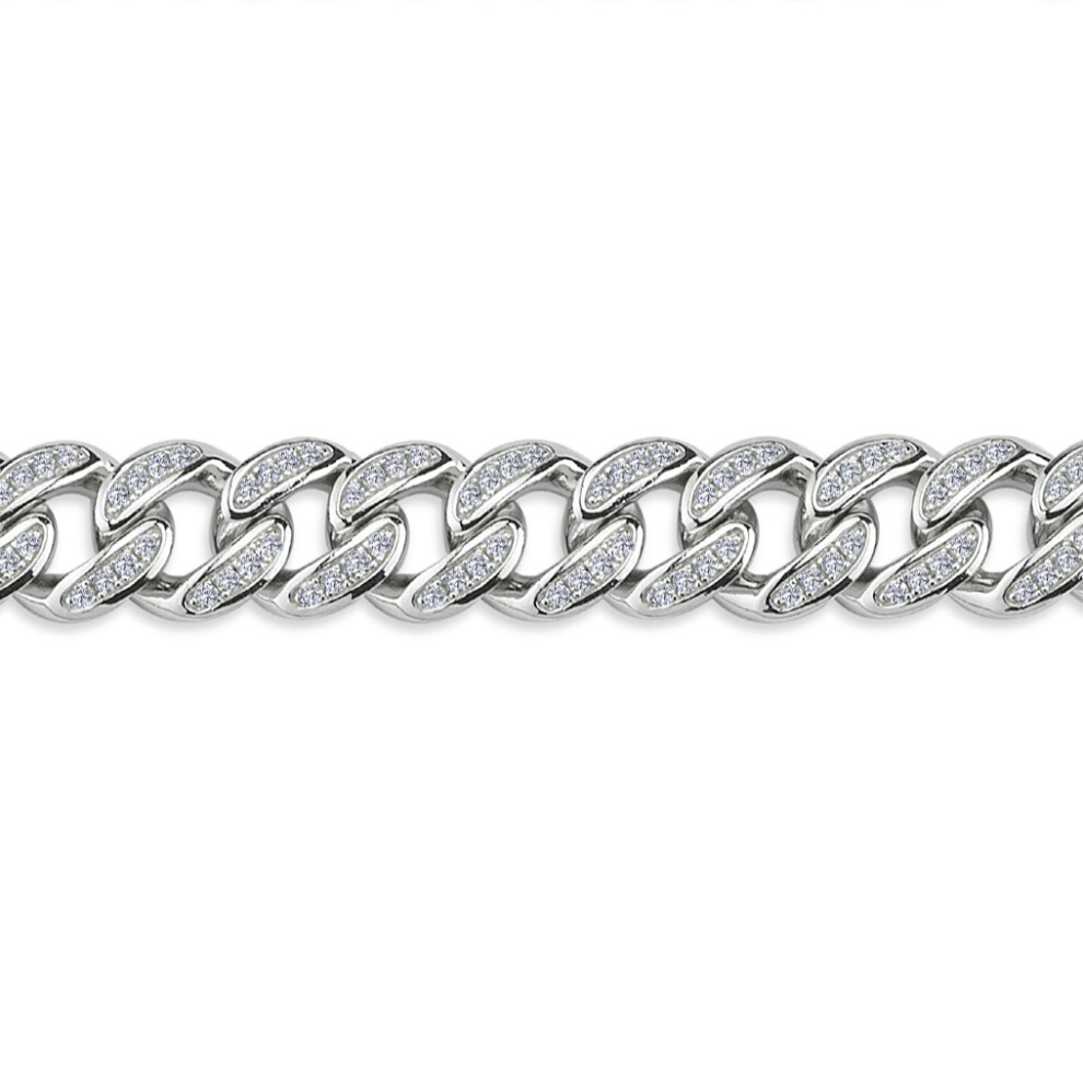 Jewelco London Mens Rhodium Plated Sterling Silver CZ Iced Encrusted Cuban Curb Chain Bracelet 11mm 8.5 inch - GVB550