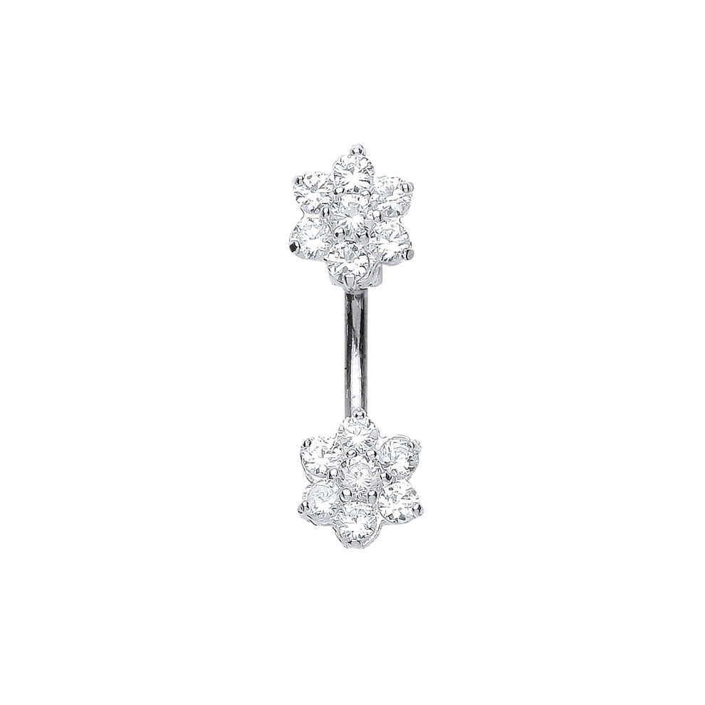 Jewelco London Sterling Silver Cubic Zirconia Double Flower Cluster Banana Belly Bar - GBB46