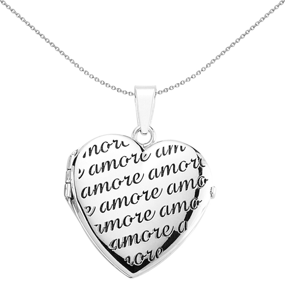 Jewelco London Ladies Sterling Silver Calligraphy Amore Love Heart Locket Necklace 18 inch - LK15