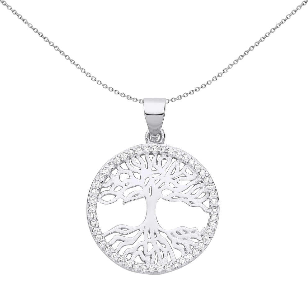 Jewelco London Ladies Rhodium Plated Sterling Silver CZ Halo Circle Tree of Life Pendant Necklace 18 inch - GVP657