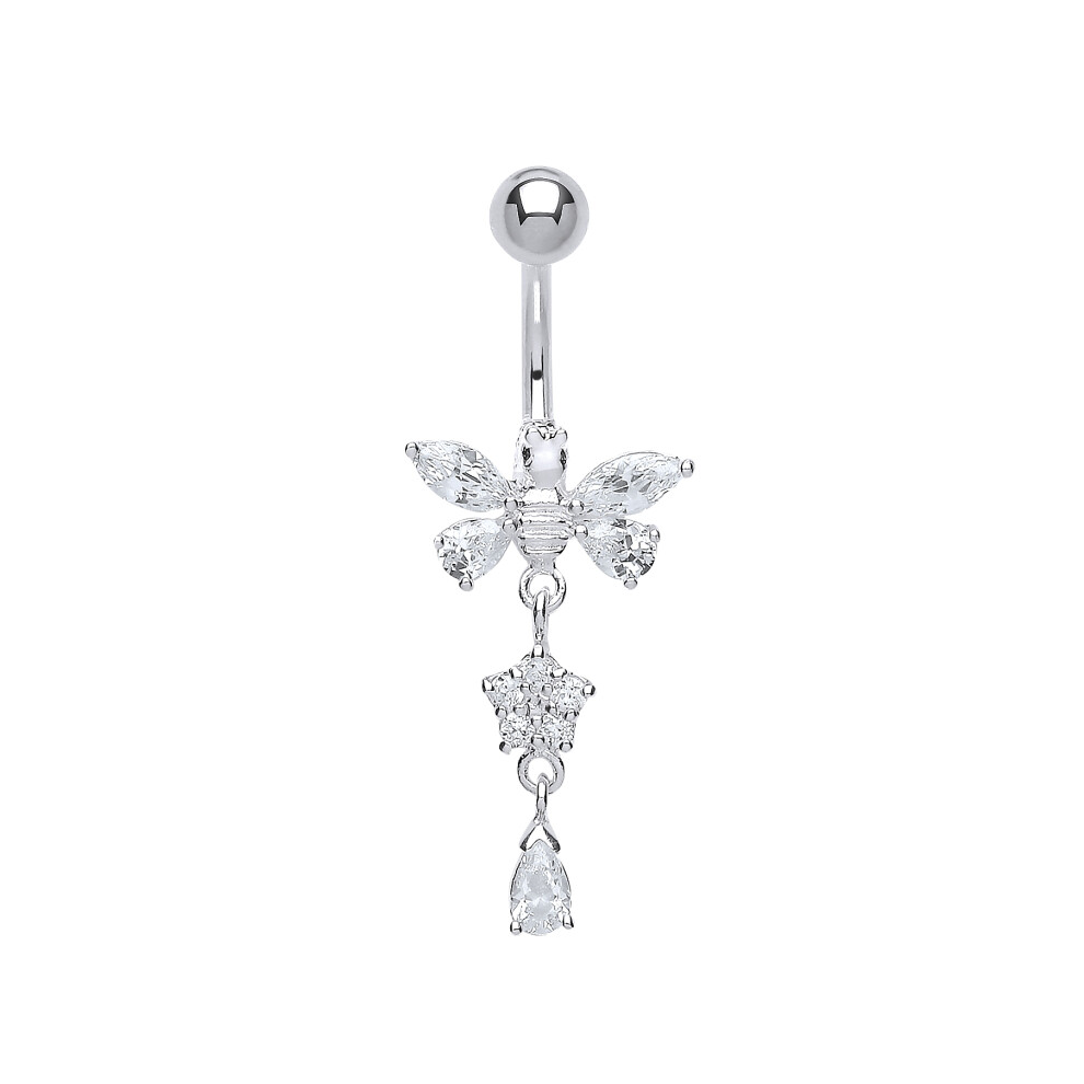 Jewelco London Sterling Silver Marquise Pear Cubic Zirconia Butterfly with Stainless Steel Belly Bar & Ball - GBB36