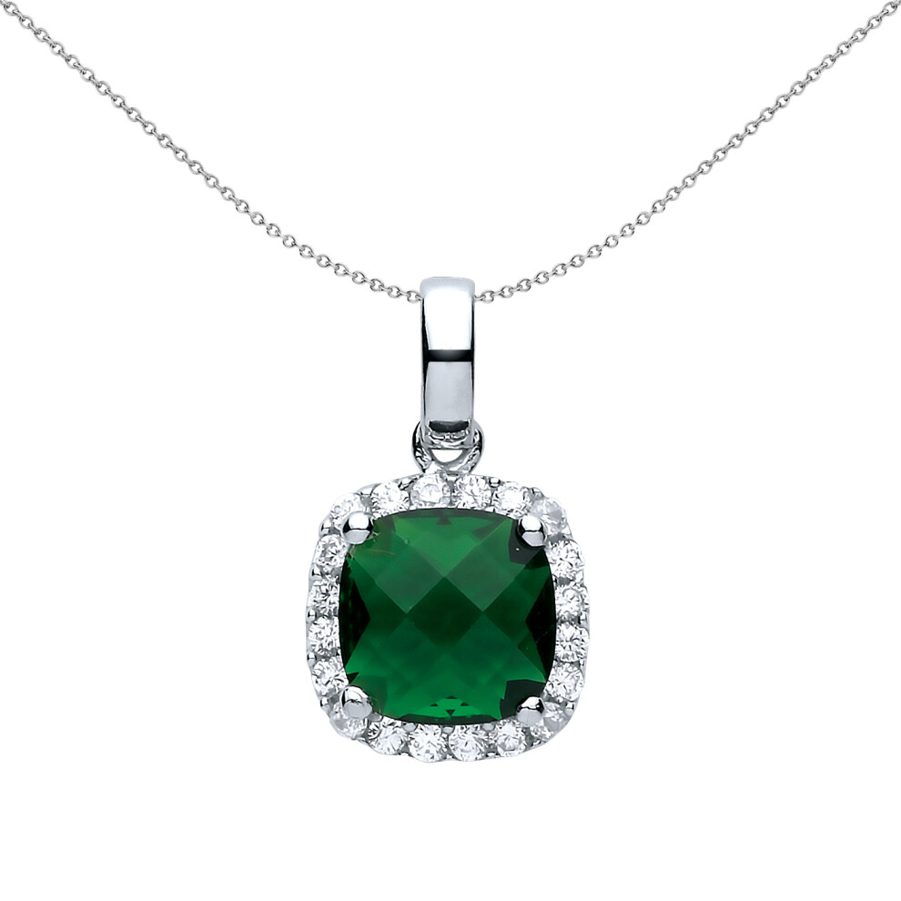 Jewelco London Sterling Silver Emerald-Green Square Cushion Cubic zirconia Halo Football Stadium Charm Necklace 18 inch - GVP437EM