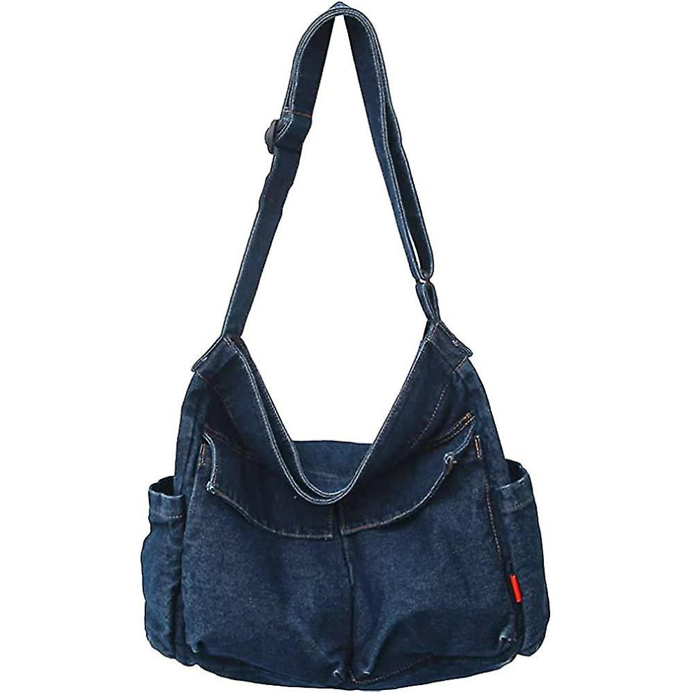 (Dark Blue) Canvas Messenger Bag Large Hobo Crossbody Bag With Multiple Pockets Casual Shoulder Tote Bag For Women And Men