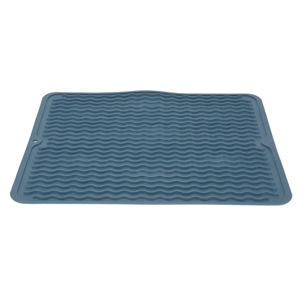 (Blue) Dish Draining Mat Silicone Kitchen Cutlery Drainer Drying Pad Sink Protector