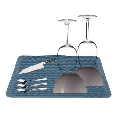 (Blue) Dish Draining Mat Silicone Kitchen Cutlery Drainer Drying Pad Sink Protector 2