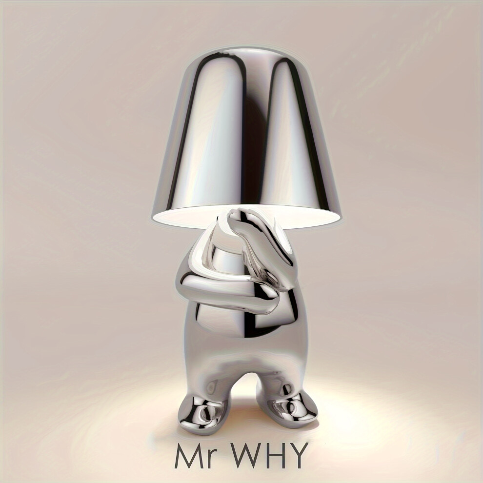 (MR WHY-G-Silver) Modern Silver Decor Thinker Statue LED Table Lamp with USB Port - 3 Way Dimmable Bedside Touch Control Nightstand Lamp for Home Livi