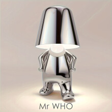 (MR WHO-F-Silver) Modern Silver Decor Thinker Statue LED Table Lamp with USB Port - 3 Way Dimmable Bedside Touch Control Nightstand Lamp for Home Living Room