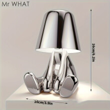 (MR WHAT-H-Silver) Modern Silver Decor Thinker Statue LED Table Lamp with USB Port - 3 Way Dimmable Bedside Touch Control Nightstand Lamp for Home Living Room