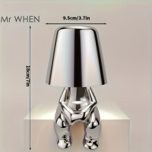 (MR WHEN-L-Silver) Modern Silver Decor Thinker Statue LED Table Lamp with USB Port - 3 Way Dimmable Bedside Touch Control Nightstand Lamp for Home Living Room