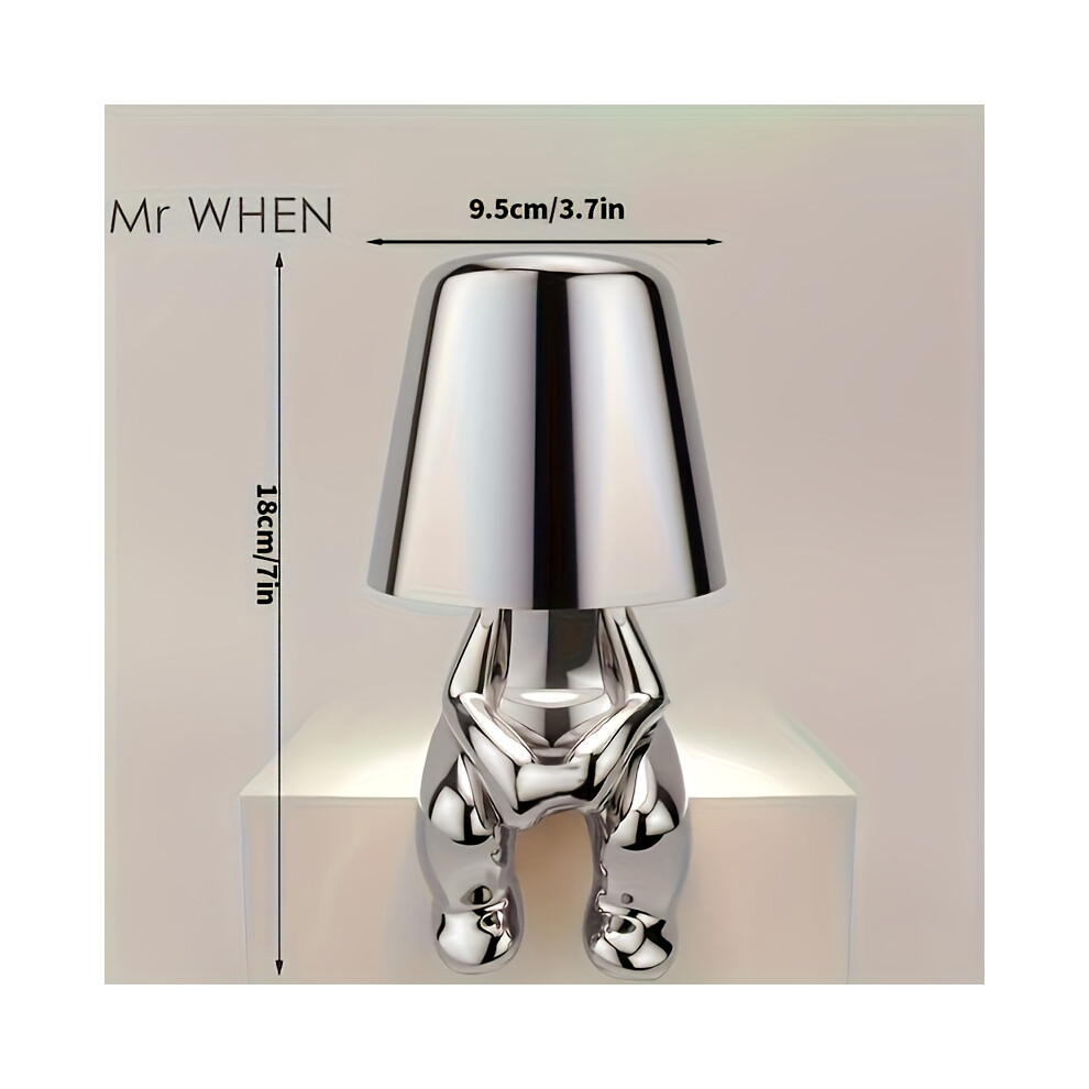 (MR WHEN-L-Silver) Modern Silver Decor Thinker Statue LED Table Lamp with USB Port - 3 Way Dimmable Bedside Touch Control Nightstand Lamp for Home Liv